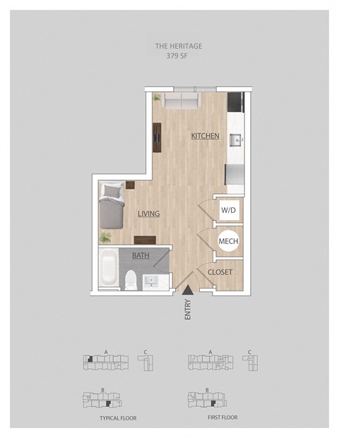 Floor plan for studio, 1 bath, 379 sqft